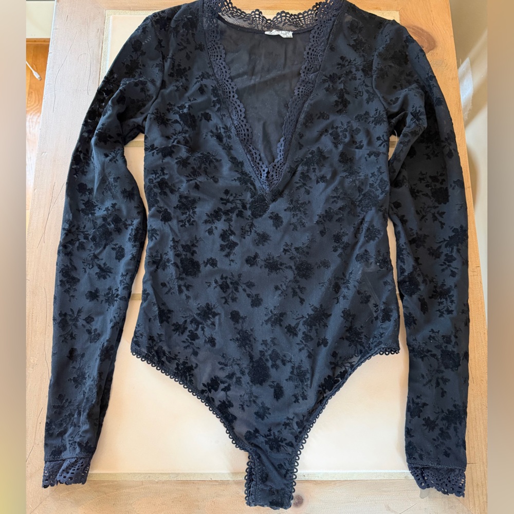 Free People Black Long Sleeve Floral Burnout Lace-Trim Bodysuit